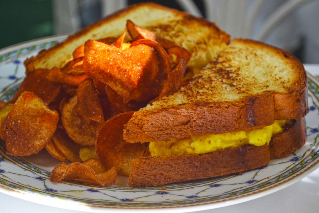 The egg salad sandwich, featuring FARM Institute eggs, roasted red peppers and house made chips. — Kelsey Perrett